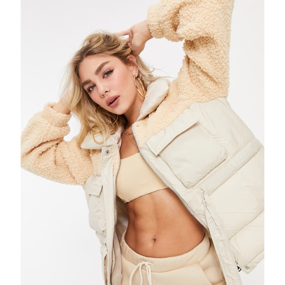 Qed London Sherpa Oversized Puffer Jacket Med‎ Beige Cream Teddybear Fleece Coat